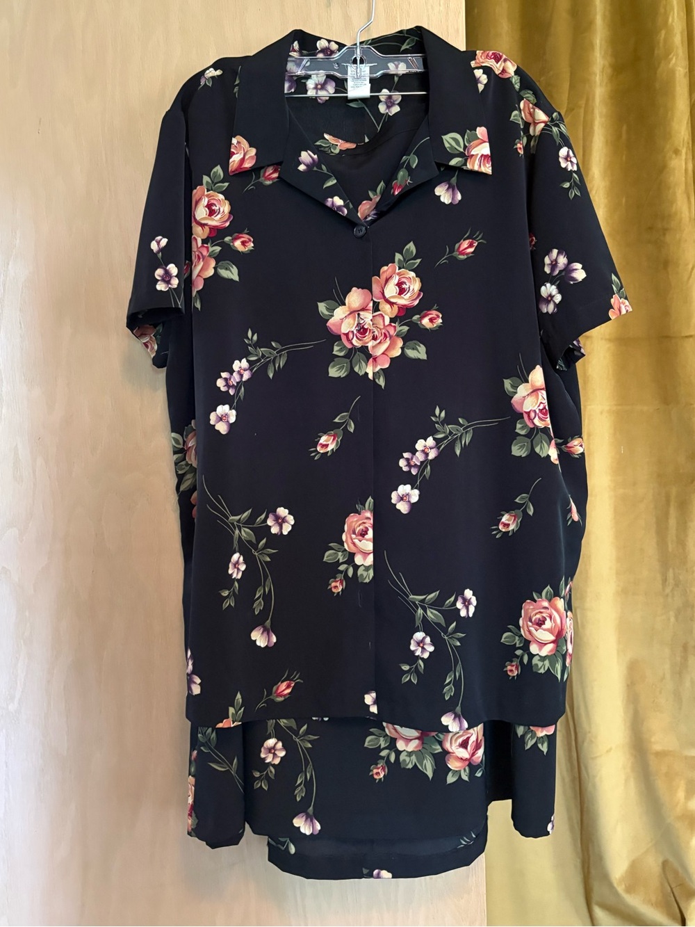 Black Floral Two-Piece Set with Pink Rose Print